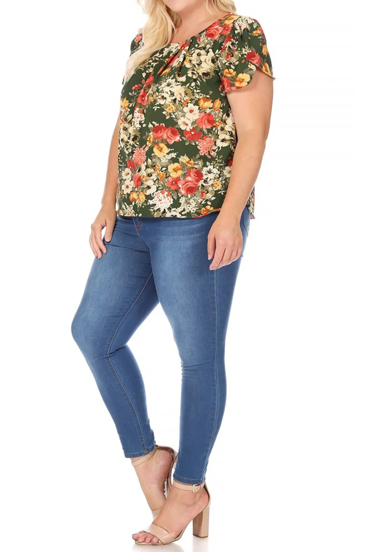 Women's Plus Size Casual Floral Pleated Front Petal Cap Sleeve Round Neck Tee Blouse Top