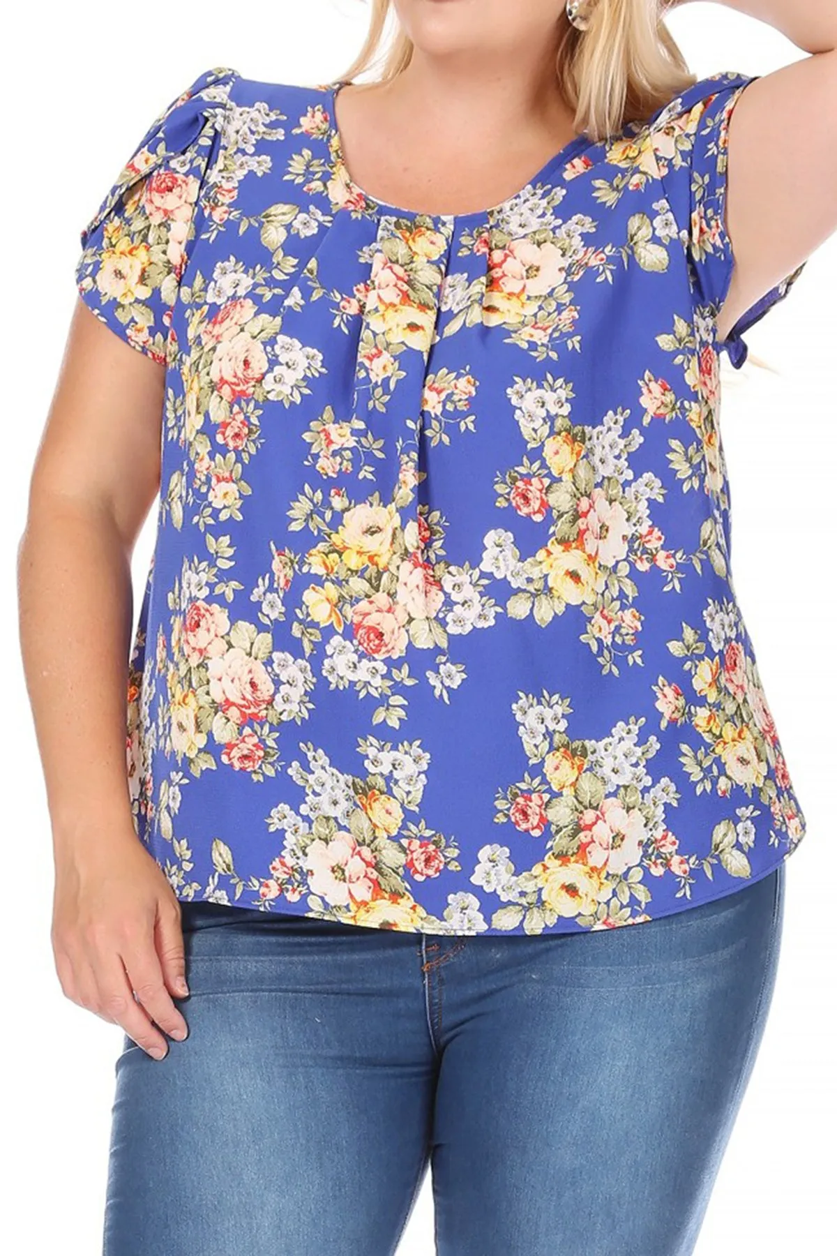 Women's Plus Size Casual Floral Pleated Front Petal Cap Sleeve Round Neck Tee Blouse Top