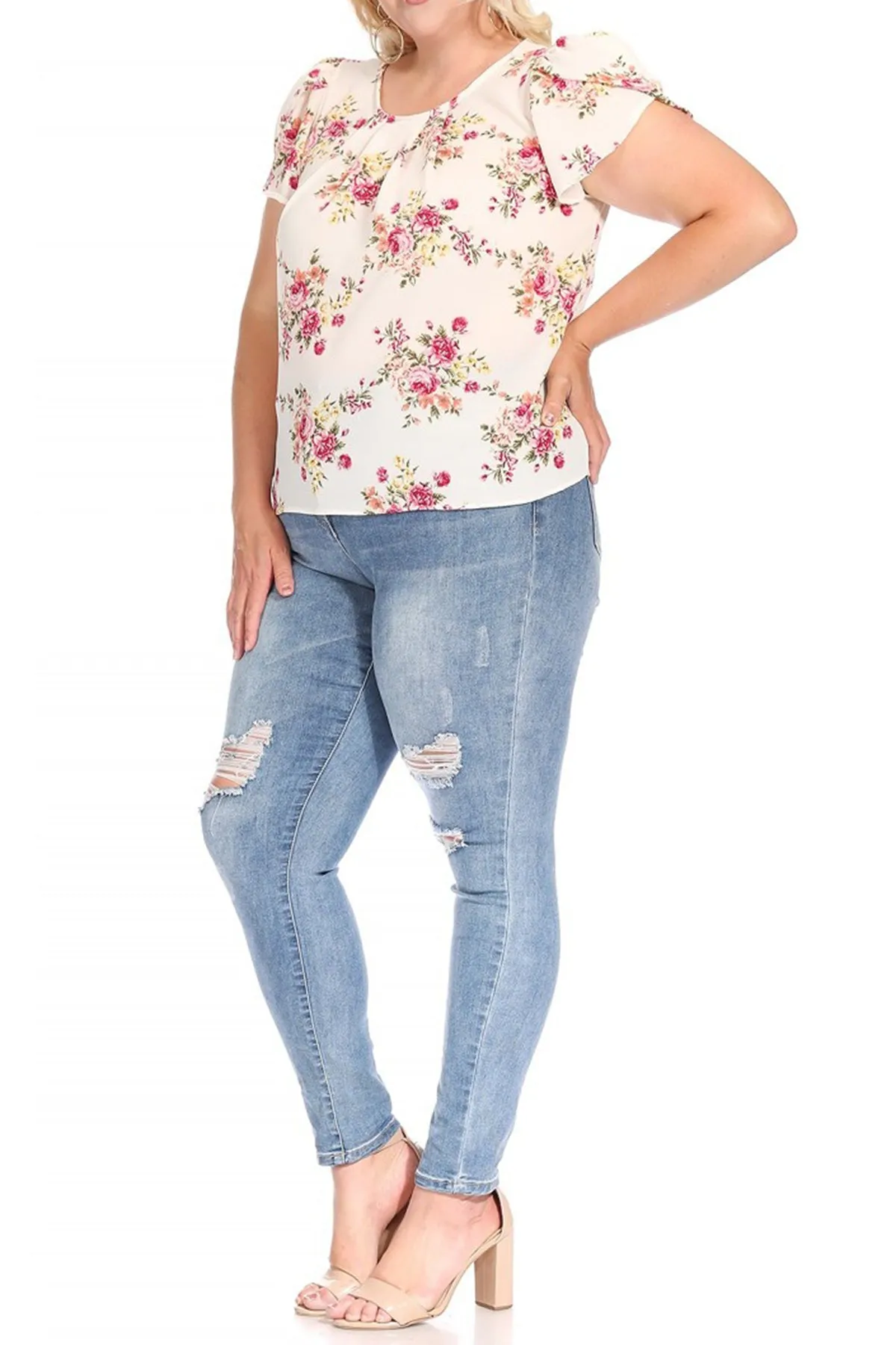 Women's Plus Size Casual Floral Pleated Front Petal Cap Sleeve Round Neck Tee Blouse Top
