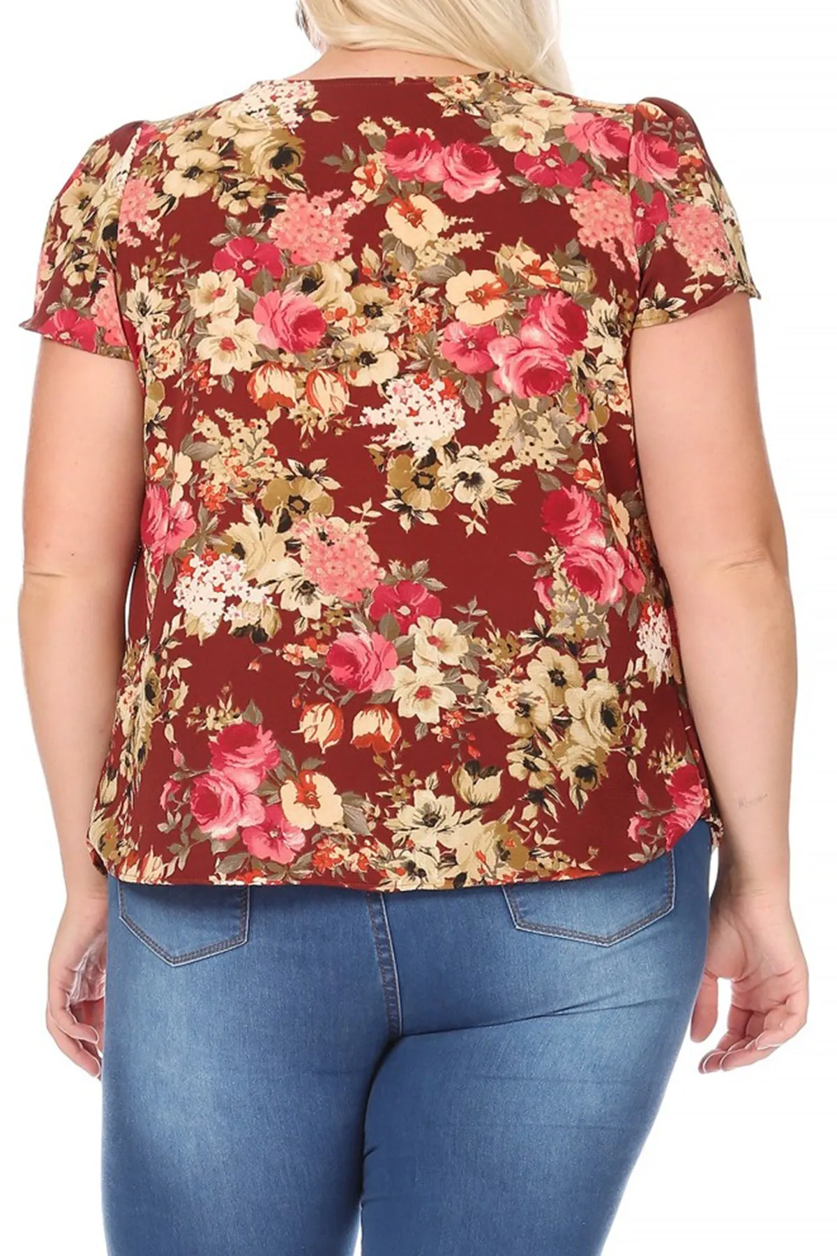 Women's Plus Size Casual Floral Pleated Front Petal Cap Sleeve Round Neck Tee Blouse Top