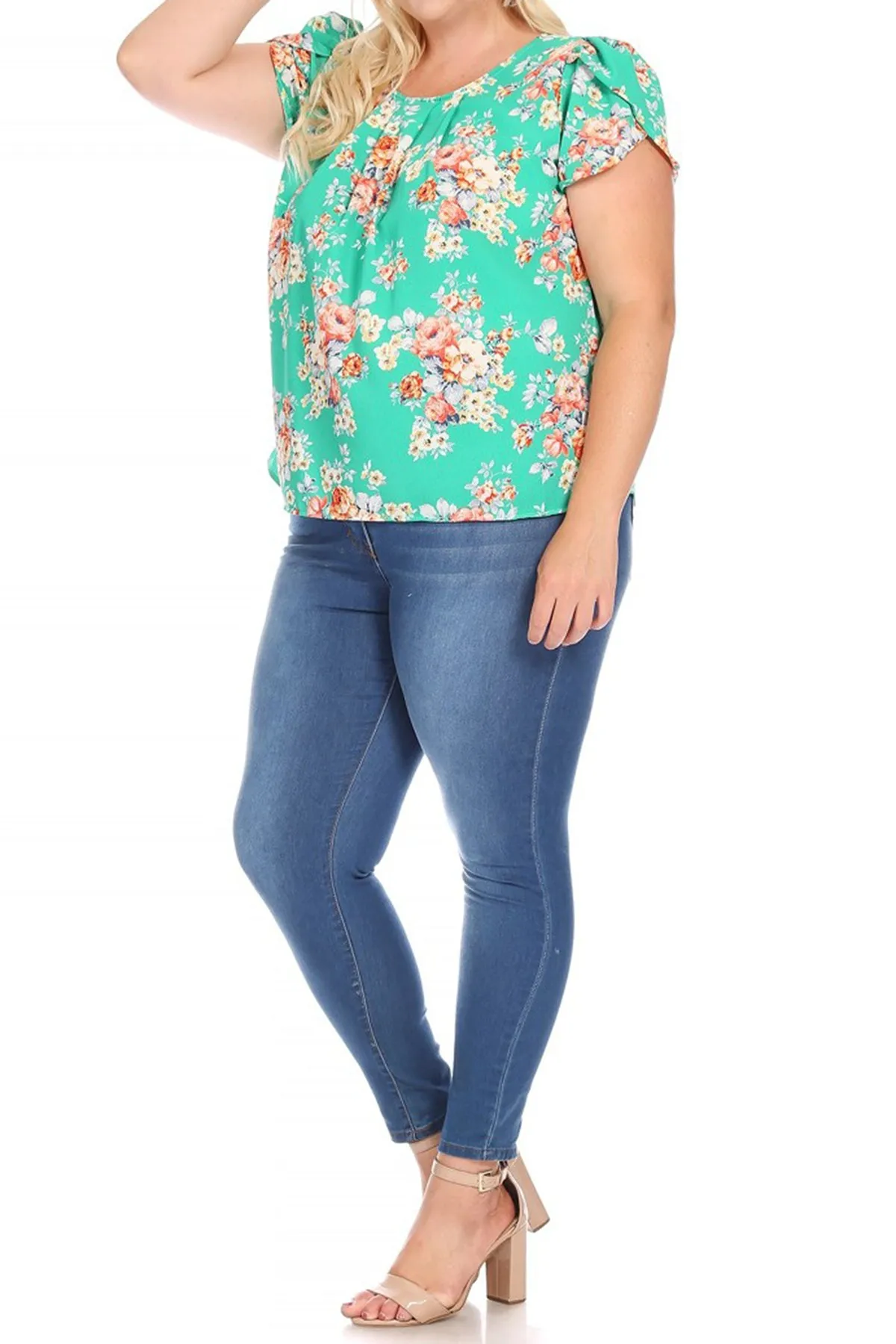 Women's Plus Size Casual Floral Pleated Front Petal Cap Sleeve Round Neck Tee Blouse Top