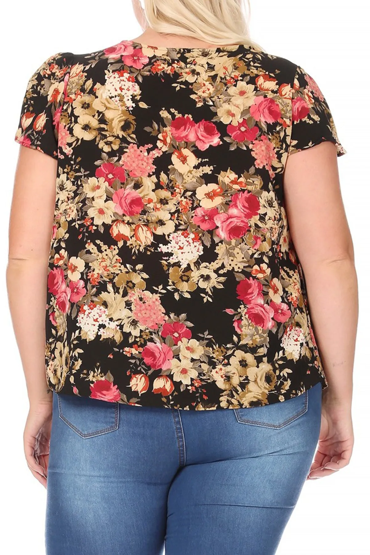 Women's Plus Size Casual Floral Pleated Front Petal Cap Sleeve Round Neck Tee Blouse Top