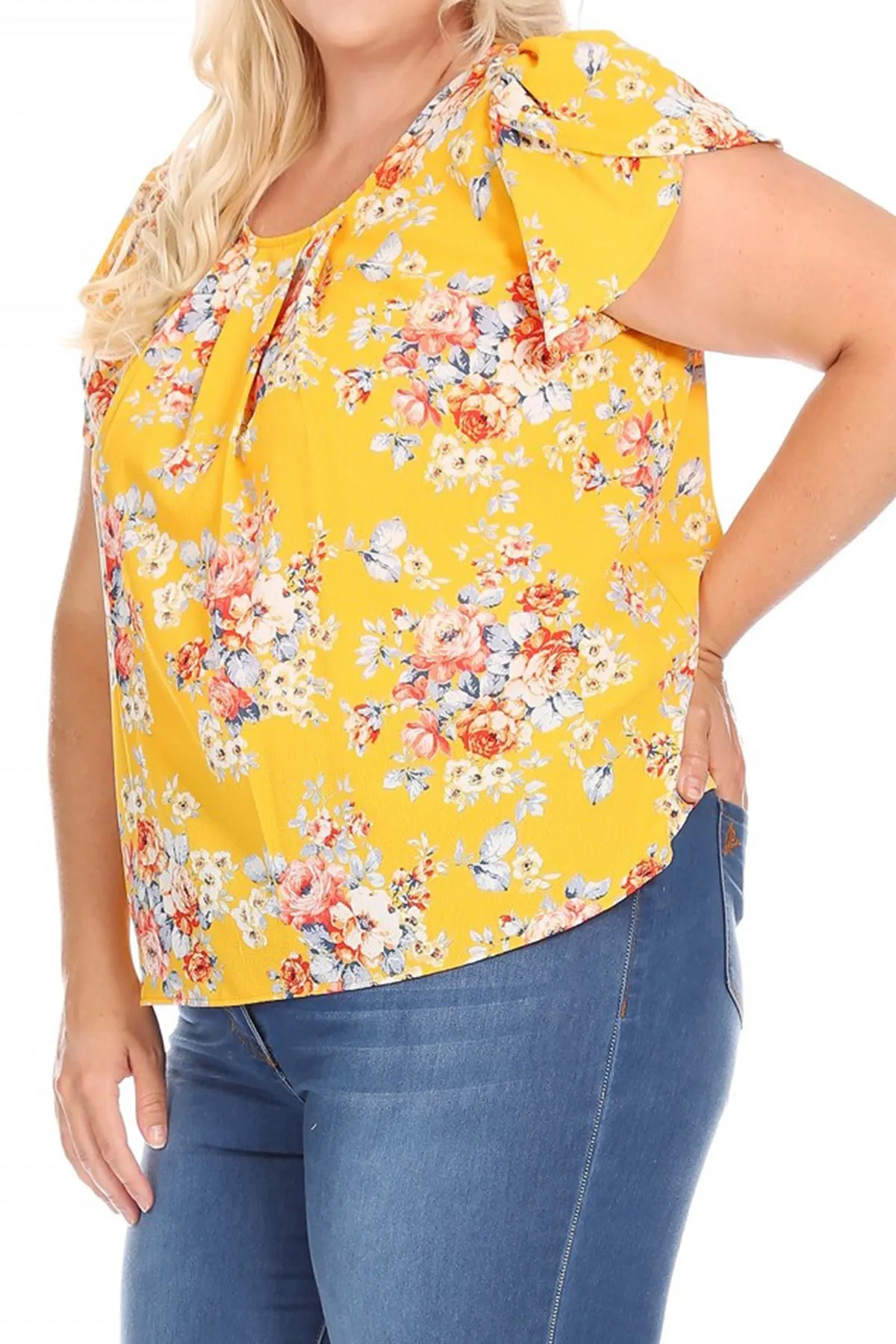 Women's Plus Size Casual Floral Pleated Front Petal Cap Sleeve Round Neck Tee Blouse Top