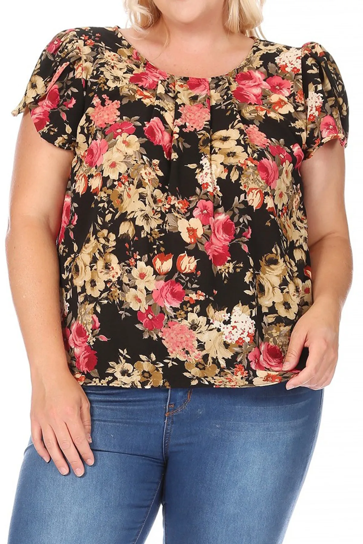 Women's Plus Size Casual Floral Pleated Front Petal Cap Sleeve Round Neck Tee Blouse Top