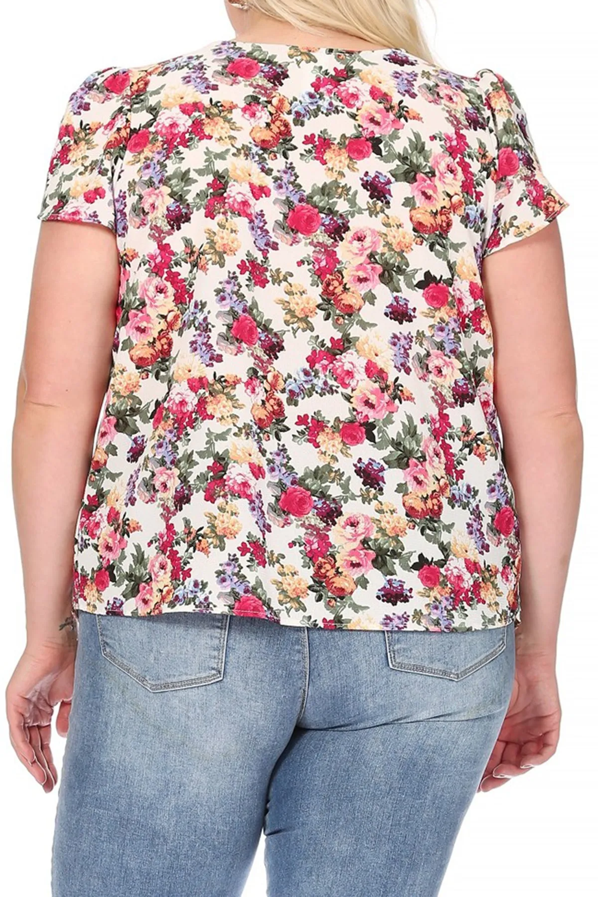 Women's Plus Size Casual Floral Pleated Front Petal Cap Sleeve Round Neck Tee Blouse Top