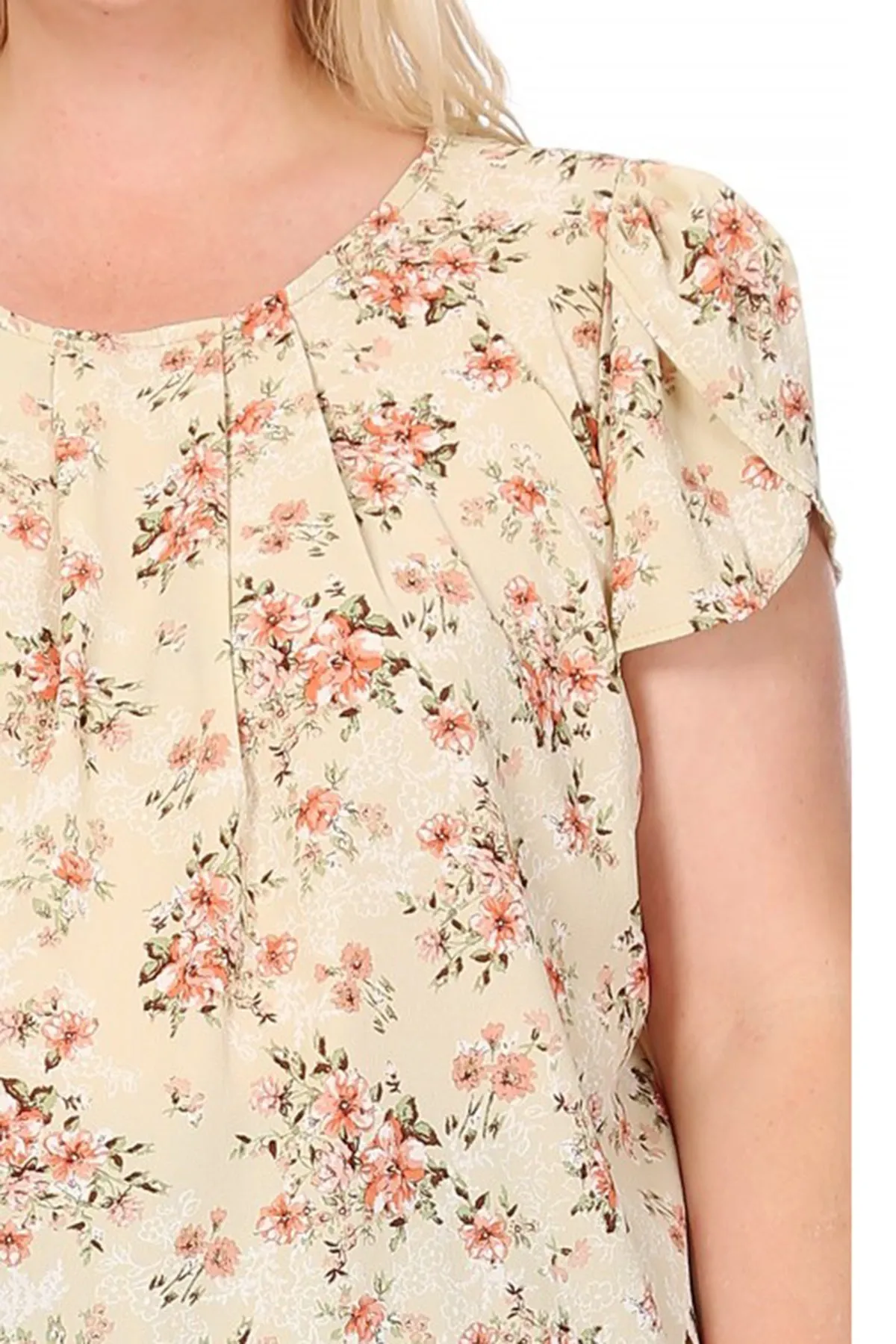 Women's Plus Size Casual Floral Pleated Front Petal Cap Sleeve Round Neck Tee Blouse Top