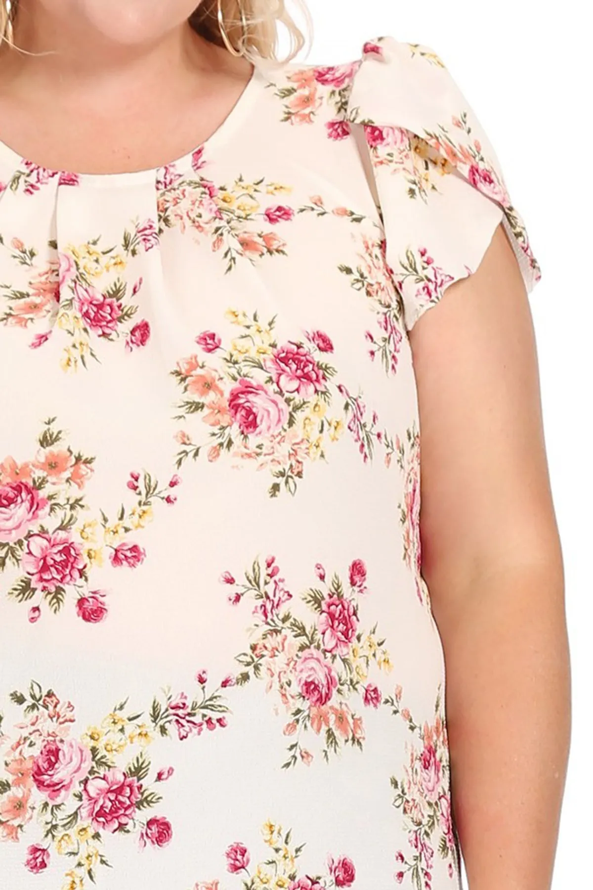 Women's Plus Size Casual Floral Pleated Front Petal Cap Sleeve Round Neck Tee Blouse Top