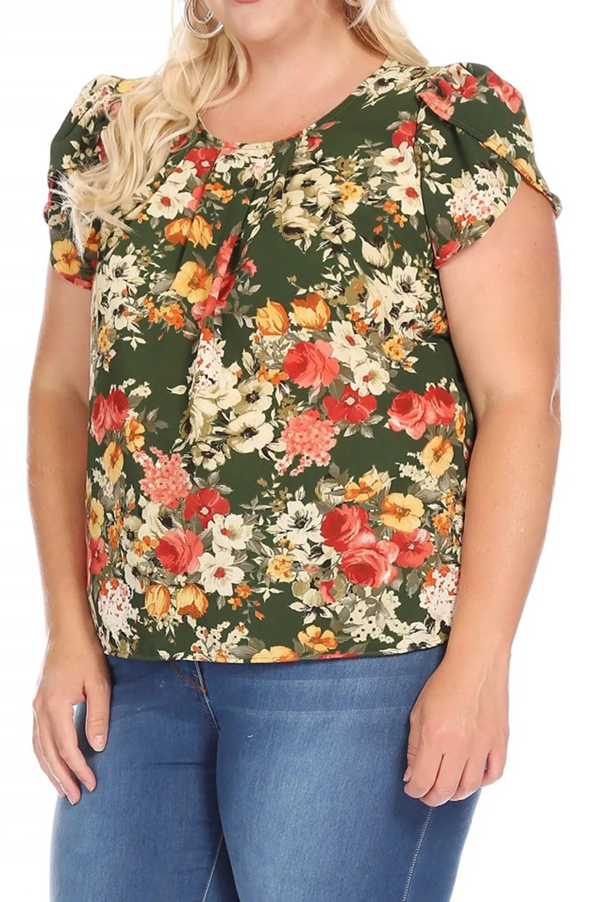 Women's Plus Size Casual Floral Pleated Front Petal Cap Sleeve Round Neck Tee Blouse Top