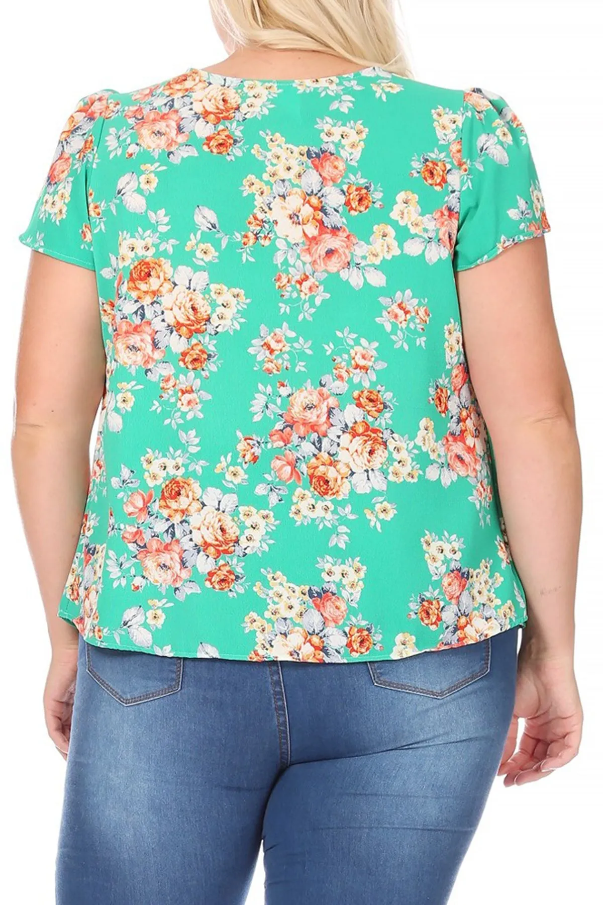 Women's Plus Size Casual Floral Pleated Front Petal Cap Sleeve Round Neck Tee Blouse Top