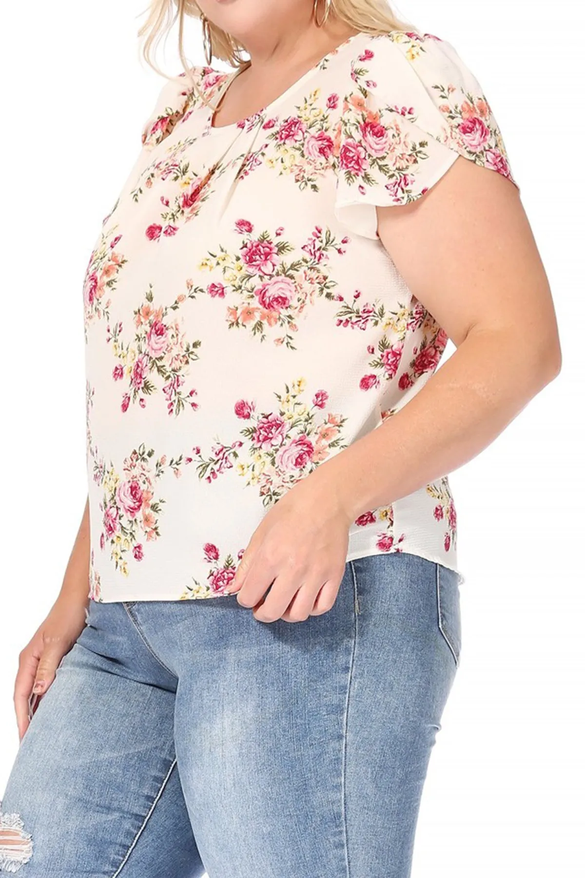 Women's Plus Size Casual Floral Pleated Front Petal Cap Sleeve Round Neck Tee Blouse Top