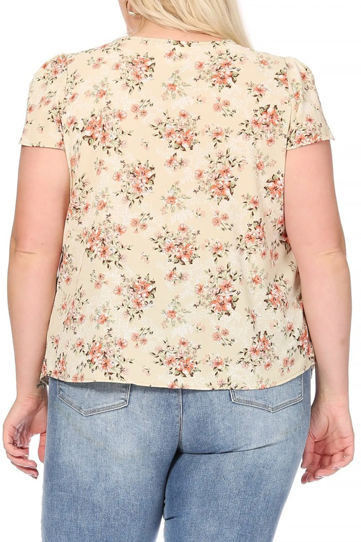 Women's Plus Size Casual Floral Pleated Front Petal Cap Sleeve Round Neck Tee Blouse Top