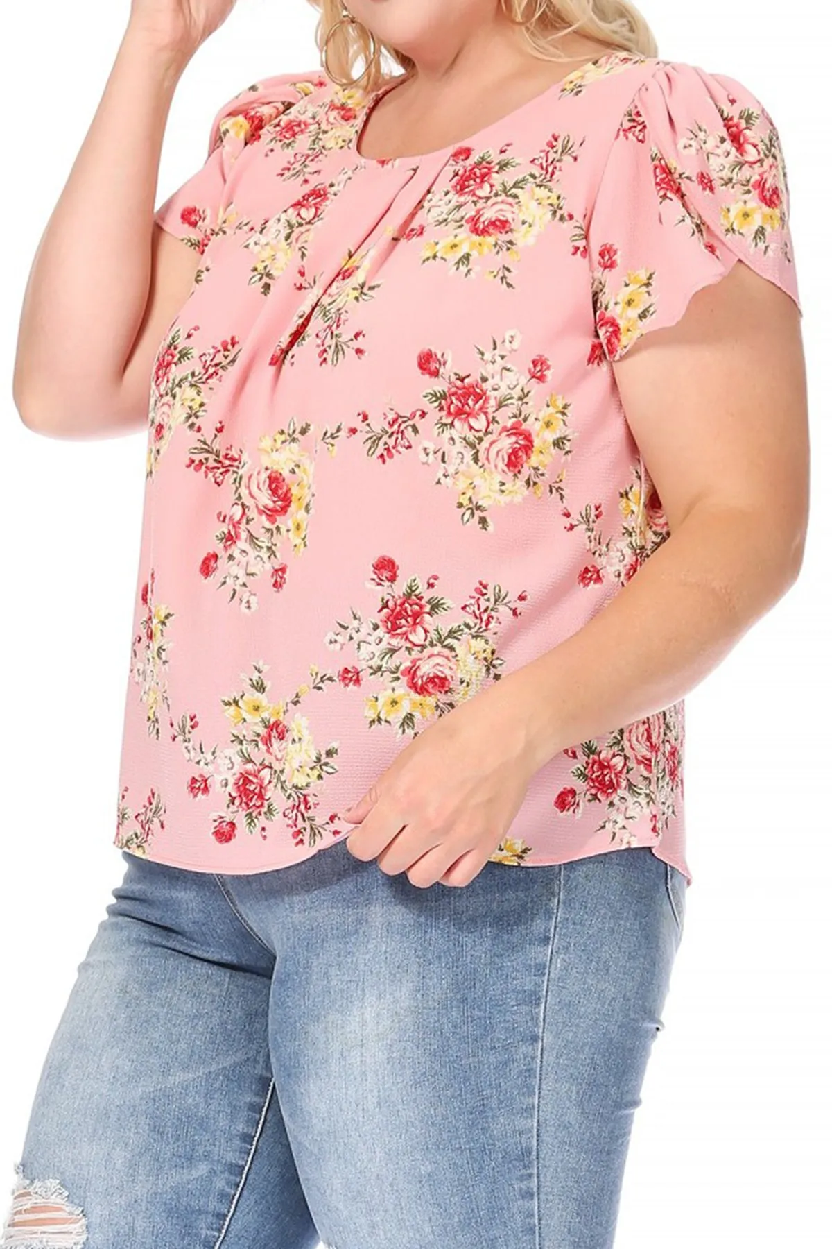Women's Plus Size Casual Floral Pleated Front Petal Cap Sleeve Round Neck Tee Blouse Top