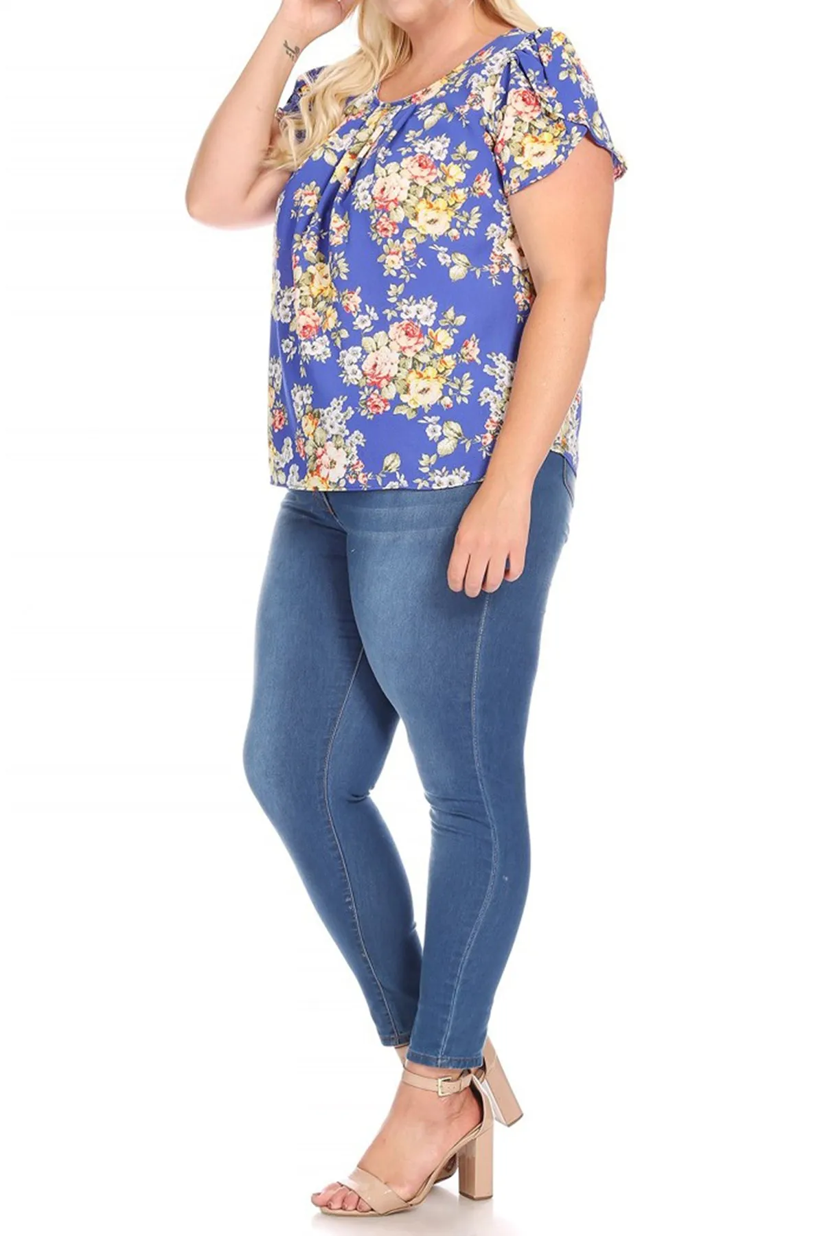 Women's Plus Size Casual Floral Pleated Front Petal Cap Sleeve Round Neck Tee Blouse Top