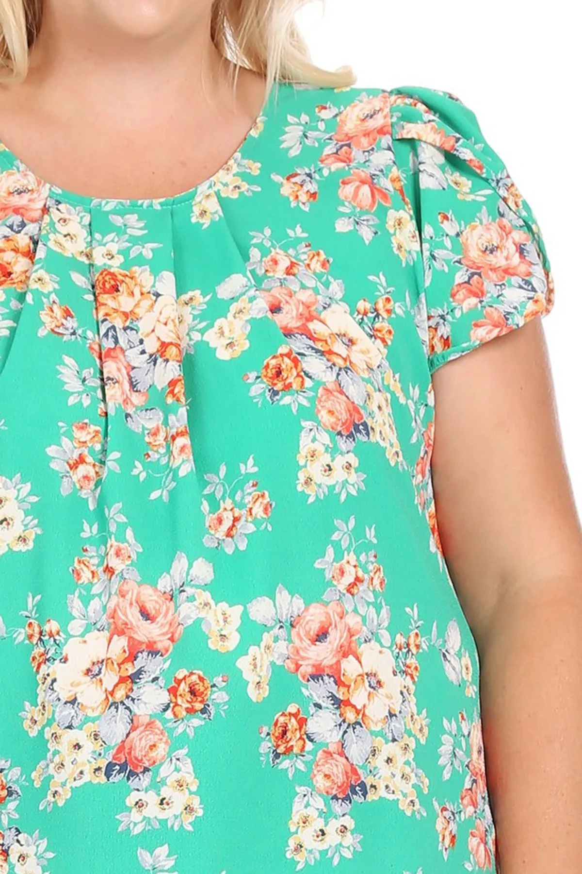Women's Plus Size Casual Floral Pleated Front Petal Cap Sleeve Round Neck Tee Blouse Top