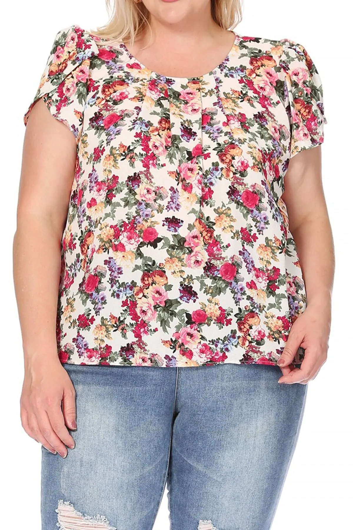 Women's Plus Size Casual Floral Pleated Front Petal Cap Sleeve Round Neck Tee Blouse Top
