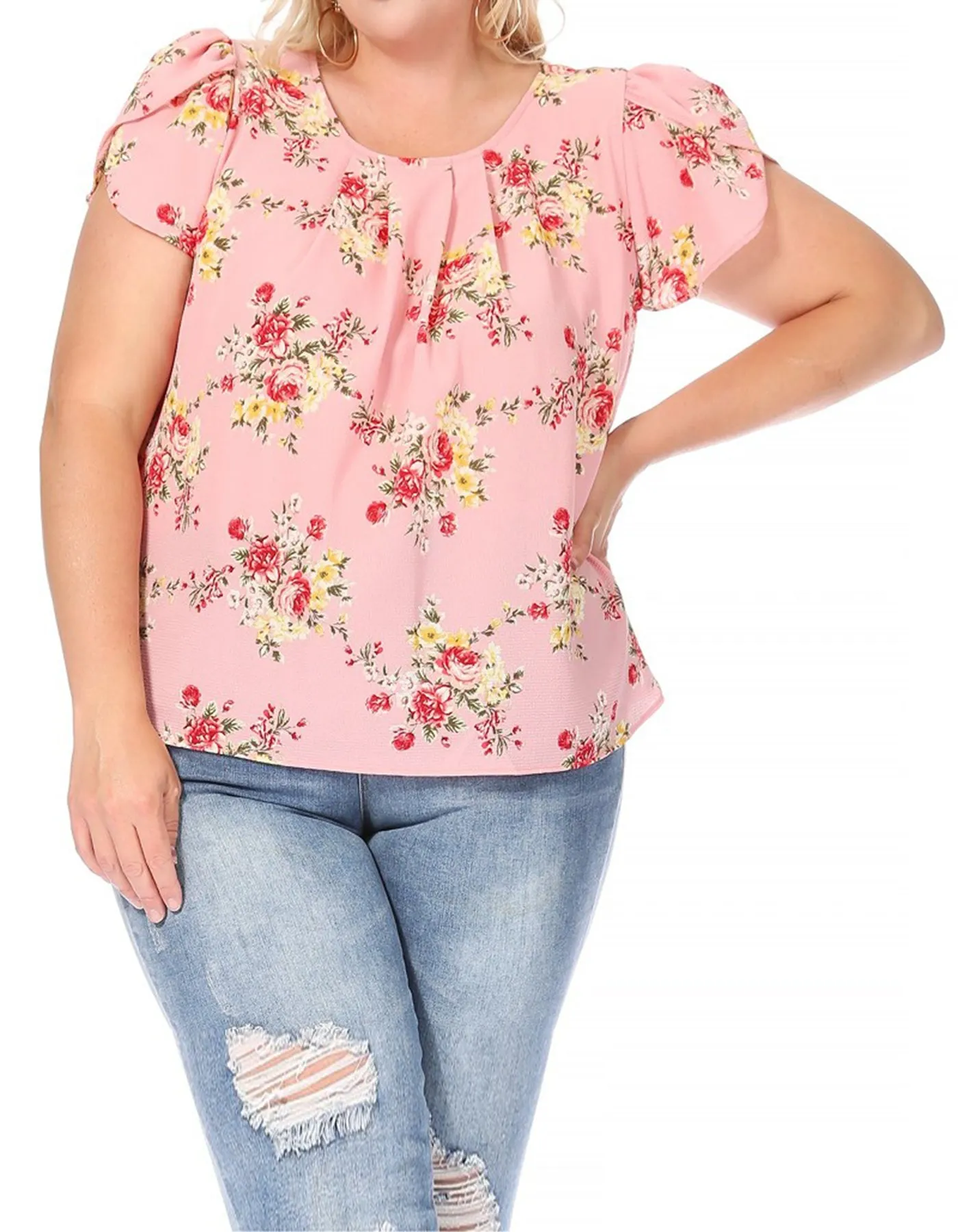 Women's Plus Size Casual Floral Pleated Front Petal Cap Sleeve Round Neck Tee Blouse Top