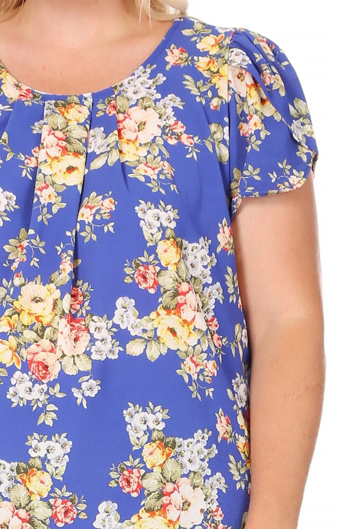 Women's Plus Size Casual Floral Pleated Front Petal Cap Sleeve Round Neck Tee Blouse Top