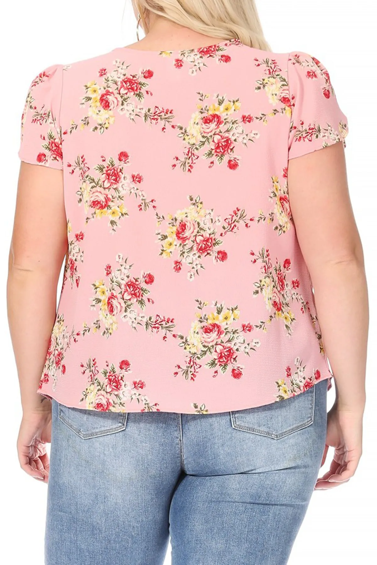 Women's Plus Size Casual Floral Pleated Front Petal Cap Sleeve Round Neck Tee Blouse Top