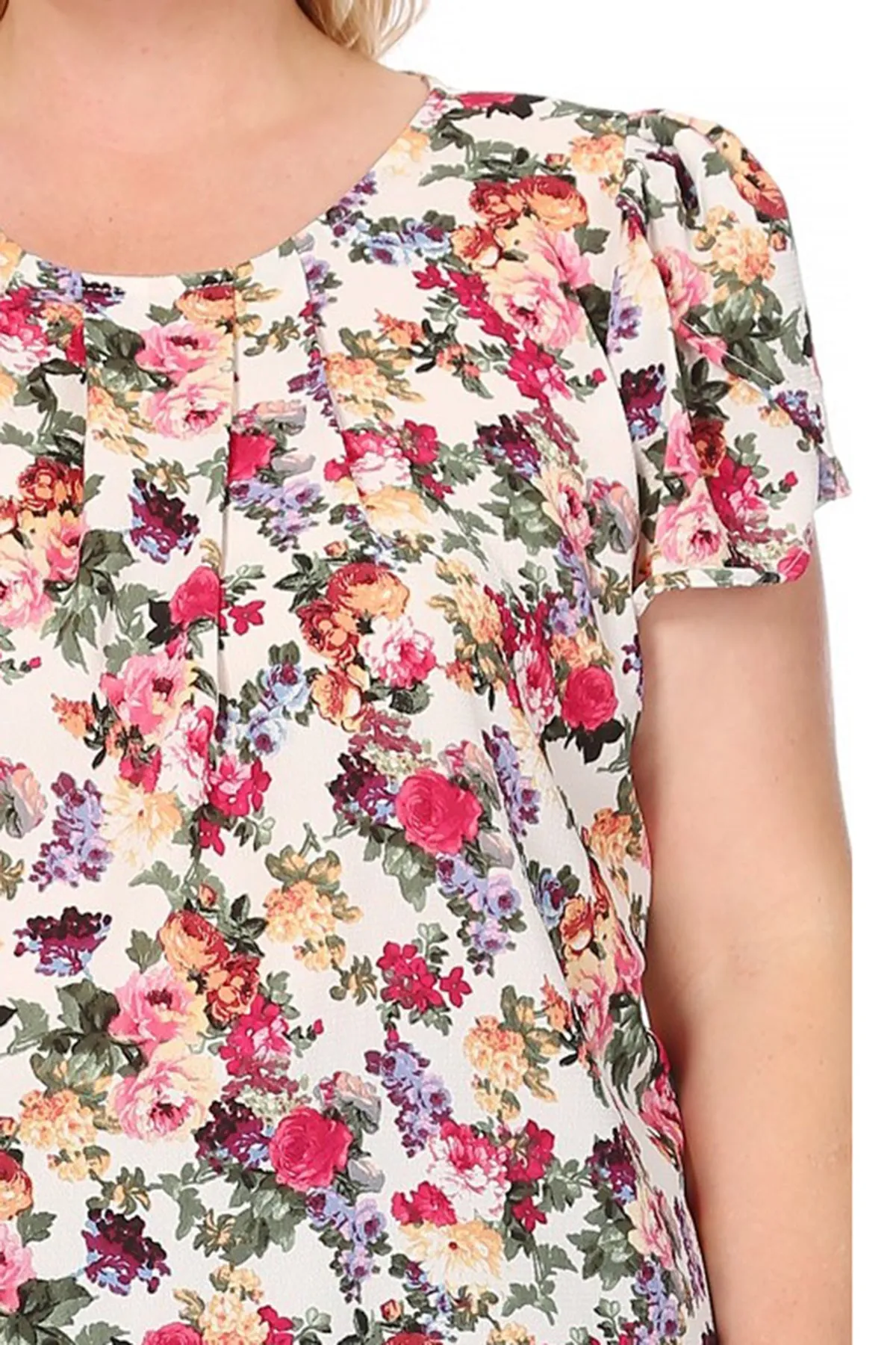 Women's Plus Size Casual Floral Pleated Front Petal Cap Sleeve Round Neck Tee Blouse Top