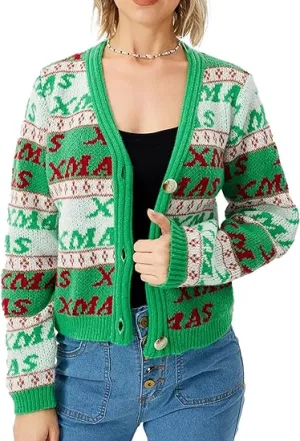 Women’s Red Christmas Knit Cardigan Sweater | Festive Open Front, V-Neck Pullover, Cozy Fall Layering Top