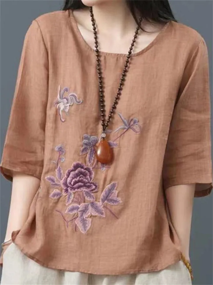 Women's Simple Floral Embroidered Round Neck Shirt