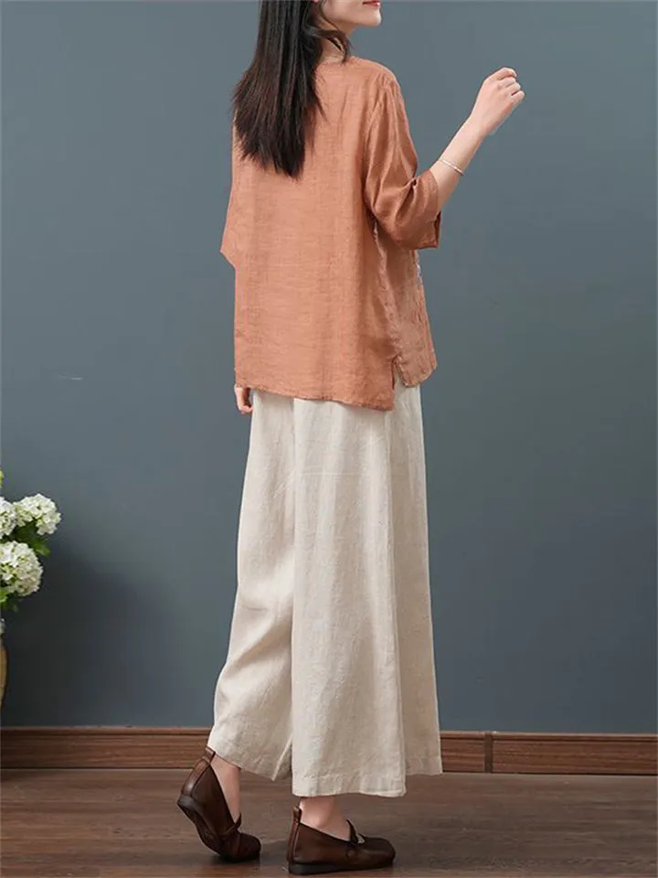 Women's Simple Floral Embroidered Round Neck Shirt